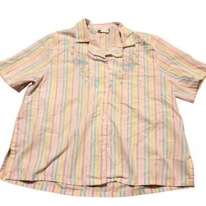 Vtg Pastel Striped Shirt Butterfly Embroidered Short Sleeve Button Up MP Spring